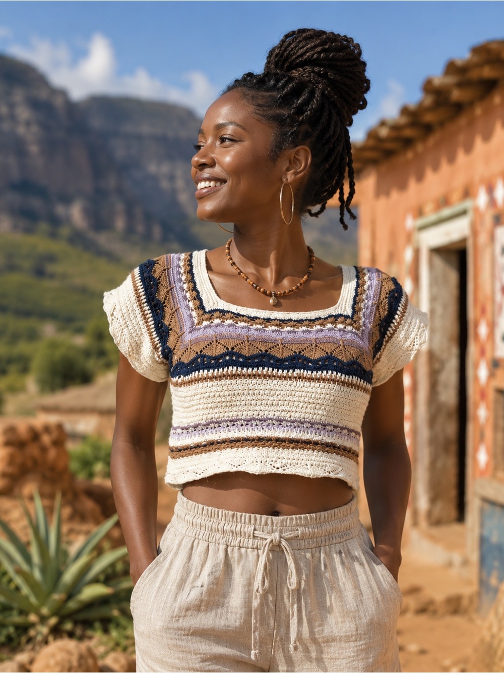 POL Boho Polyester Crochet Crop Top in Cream, Brown, and Purple Size Small